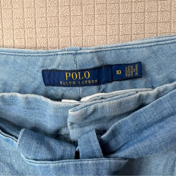 Polo Ralph Lauren 100% Cotton Blue Chambray Trouser Shorts Womens Sz 10 Tie Belt - Picture 3 of 9